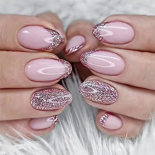TMUT 24pcs French Tip False Nails Short Oval Stick on Nails Glitter Pink Press on Nail Removable Glue on Full Cover Fake Nail Art Accessories for Women Girls