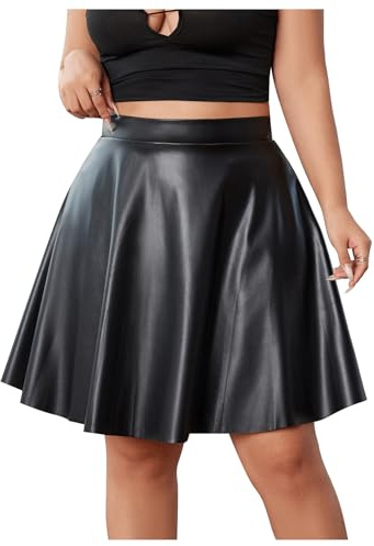 MakeMeChic Women's Plus Size Pleated Leather Mini Skirt High Waist A Line Skater PU Leather Short Skirt Black 2XL