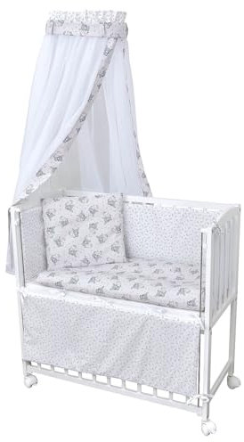 Baby Delux Beistellbett Babybett Stubenwagen weiß 90x40 mobil mit Rädern inkl. Matratze und Bettwäsche Set mehrteilig (Kuschelhase beige)
