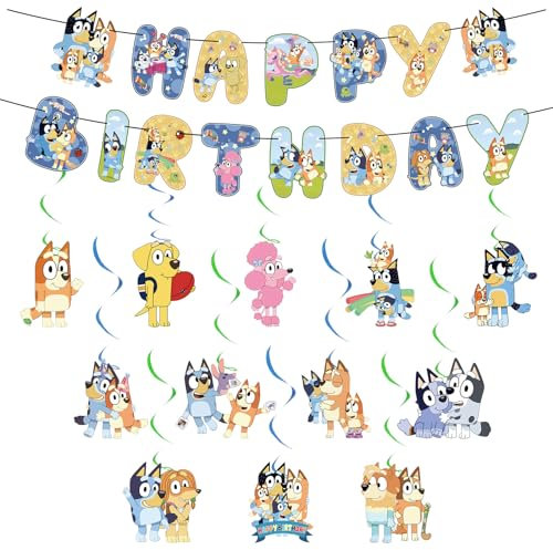 Chukua 14PCS Geburtstag Deko Blue-y Bunting Girlande Hängende Deko Geburtstag Banner Swirl Decorations Blau Dog Happy Birthday Banner Dekoration für Kinder Thema Party Deko