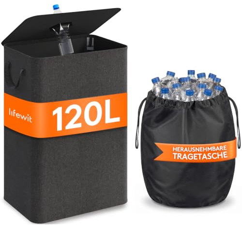 Lifewit 120L Pfandflaschen Sammelbehälter mit Deckel, Groß Pfandflaschen Aufbewahrung, Behälter Leergut & Altglas Aufbewahrung, Flaschensammler mit Loch Küche Abstellraum Flaschentasche, Dunkelgrau