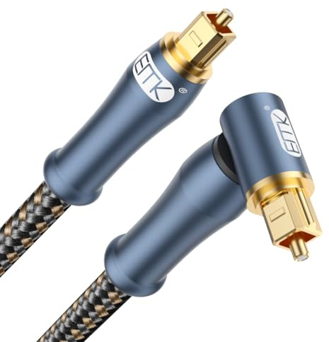 EMK Optical Audio Cable Right Angle Digital Toslink Cable (24K Gold-Plated Corner plug, 90 Degree Fiber Optic, SPDIF to TOSLINK, Nylon Braided) Optical Cable for Speaker, Soundbar, TV (5 meters)