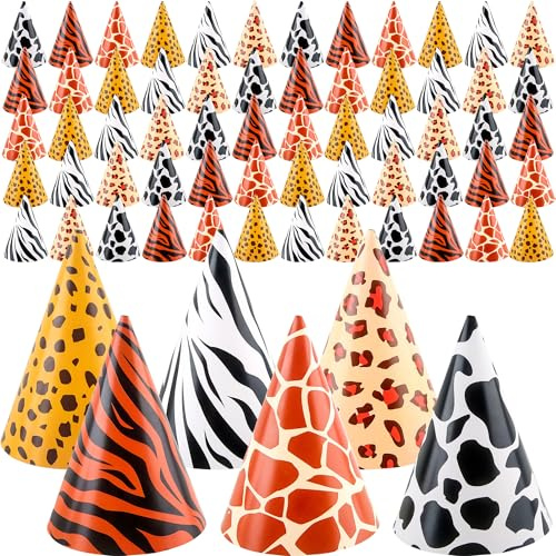 Rcanedny 60 Pcs Jungle Party Cone Hats Leopard Print Paper Party Hats Safari Theme Birthday Party Cone Paper Hats for Kids Adults Jungle Animal Theme Party Supplies