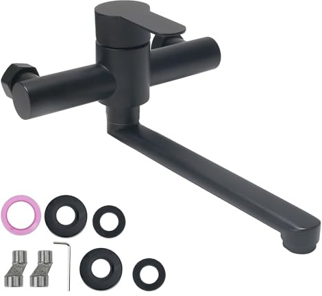 VirtuGro Rubinetto a Muro Girevole a 360° Miscelatore Cucina Monocomando a Freddo e Caldo Rubinetto Lavello Cucina Nero con Cartucce in Ceramica Inox 304 Nero