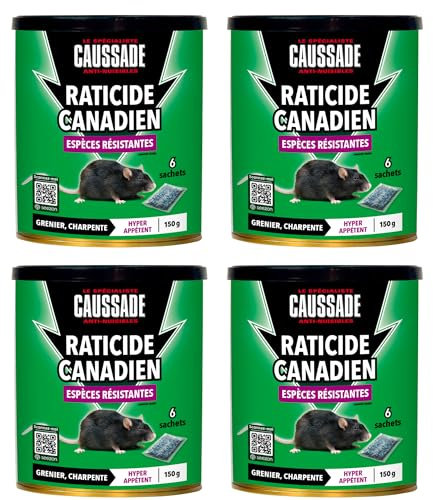 Caussade Raticide Canadien - Anti Rats - Efficacité Radicale - Lieux Secs - 24 Sachets Céréales - Prêt à l'emploi - Une Ingestion Suffit - Fabriqué en France - 4x150g CARBF150X4