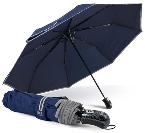 PERLETTI Ombrello Uomo Pieghevole Apri Chiudi Automatico - Tessuto Microfibra Bordino Riflettente di Sicurezza - Ombrello Antivento Resistente Compatto Robusto - Diametro 104 cm (Apri Chiudi Blu)