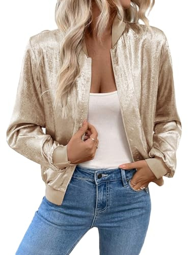 GORGLITTER Blouson court pour femme - Veste d'aviateur décontractée - Col de baseball - Veste demi-saison - Veste de loisirs, Champagne, M