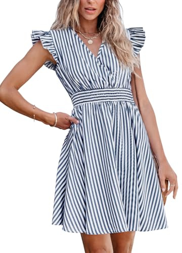 CUPSHE Mini abito da donna con scollo a V, maniche a volant, a righe, vita smock, linea A, abito corto estivo da cocktail, S