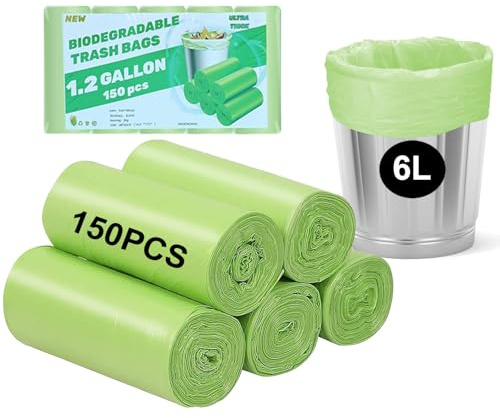 150 Counts Small Bin Liners 6L Biodegradable, Compostable Heavy Duty Food Waste Bags Caddy Liners, Recycling Trash Bags Compost Clear Green Garbage Rubbish Bag for Kitchen 1.2 Gallon, 35x40cm