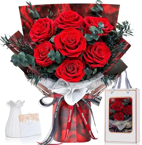 Bouquet di rose eterne, con vaso, 7 bouquet di rose, vero mazzo di fiori conservati, infinito, regalo per moglie, fidanzata, mamma per compleanno, San Valentino, festa della mamma, Natale