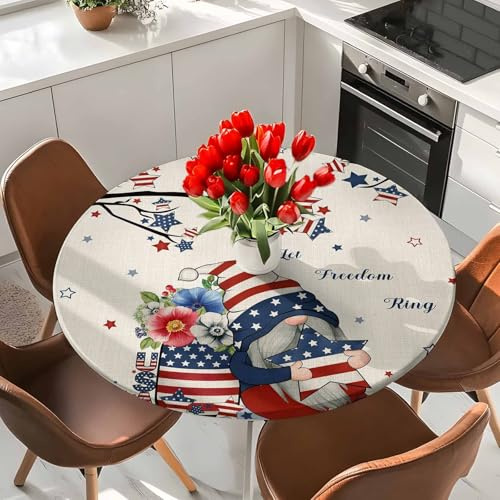 TvonTa Tey Round Tablecloths with Elastic Edged Independence Day Dwarfs Fitted Table Cloth Fits Tables up to 36-44, Opium Poppy on Retro Linen Waterproof Table Cover for Indoor Outdoor Party