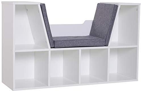 HOMCOM Bookcase Storage Shelf with Cushioned Reading Seat, Cube Bookshelf Organizer for Bedroom Living Room, White