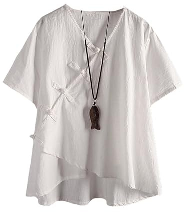 FTCayanz Chemisier Femme Lin Blouse Col V Ample T Shirt Vintage Manches Courtes Tunique Tops Blanc XL