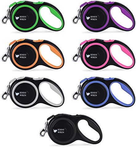 Jenny Wren Tangle-Free, Retractable Dog Lead with Anti-Slip Handle; 8M / 26FT Reflective Strong Nylon Tape/Ribbon; One-Handed Brake, Pause, Lock Green