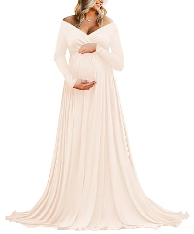 Saslax Maternity Off Shoulders Long Sleeve Half Circle Gown for Baby Shower Photo Props Dress Champagne M