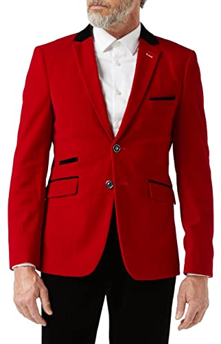 Mens Soft Velvet Blazer Slim Fit Vintage Casual Smart Black Trim Dinner Jacket [Red,Chest UK 40 EU 50]