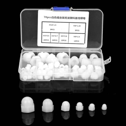 Uadme Écrou borgne dôme - 70pcs M3/M4/M5/M6/M8/M10 Kit d'écrou borgne en Nylon Écrous hexagonaux à tête dôme(Blanc)