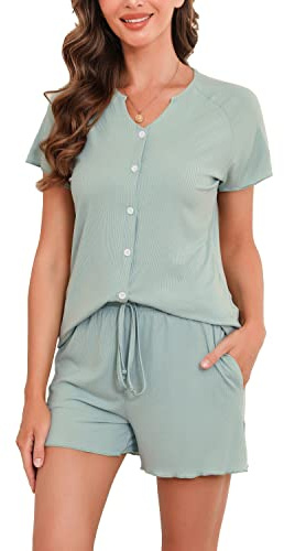 Vlazom Pigiama da Donna Estivi Manica Corta Pigiama Set con Bottoni Scollo a V Indumenti da Notte，A-Verde Chiaro，L