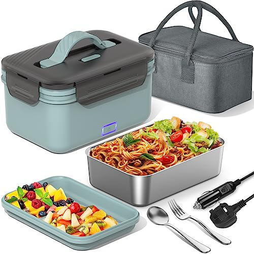 WisaKey 100W Electric Lunch Box for Adults, 1.8L Large Capacity Heated Lunch Box Food Heater for Car Truck Drivers, Leakproof, 3 in 1 12V/24V/230V Portable Food Warmer Lunchbox with Lunch Tote, Green