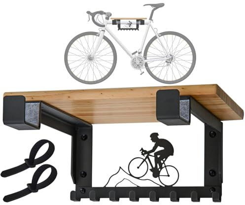bike Rack Wall Mount with Shelf and 8 Hooks Offers Horizontal Indoor Storage for Sheds and Garages. Wooden Bike Bracket for Road and Mountain Bicycles, Maximizing Space