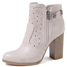 QUEEN HELENA Botines Perforados con Tacón Ancho con Cremallera Lateral Casual Mujer X30-112, beige, 41 EU