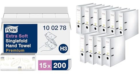 Tork extra weiche Zickzack Papierhandtücher Premium 100278 & Original Falken 10er Pack PP-Color Kunststoff-Ordner. Made in Germany. 8 cm breit DIN A4 weiß Vegan Ringordner Aktenordner Briefordner