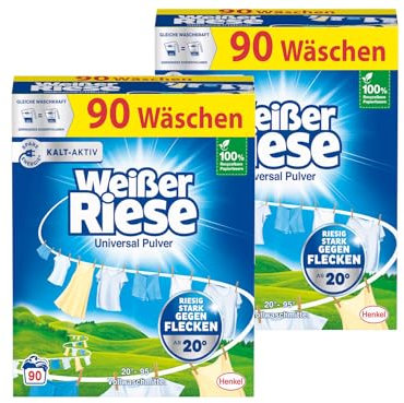 Weißer Riese Universal Pulver 180 Waschladungen (2x 90 WL), Vollwaschmittel wirkt riesig stark gegen Flecken, Kalt-Aktiv schon ab 20° C, ergiebiges Waschpulver, ideal für Familien mit Kindern