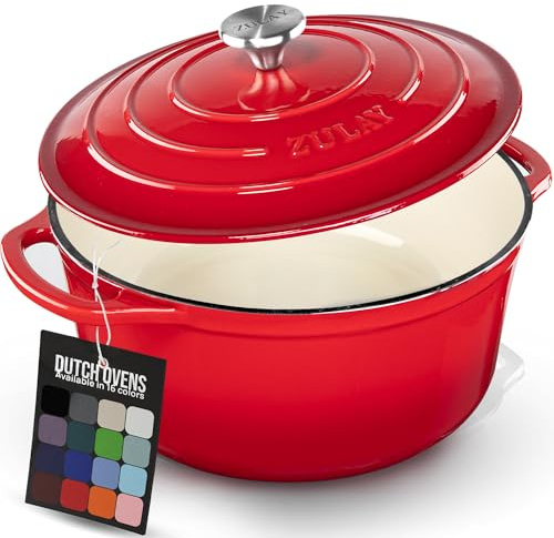 Zulay Kitchen 6.4 Quart Enameled Cast Iron Dutch Oven Pot with Lid – Premium Durability & Oven Safe up to 500°F – Heavy Duty Cookware Perfect for Bread Baking, Stews, Braising & Roasting - Ablaze Red