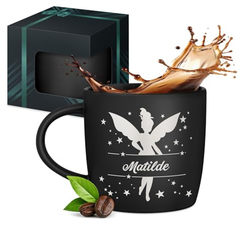 Maverton Tazza da caffè latte o tè in ceramica - 400 ml - Incisione personalizzata - Bicchiere con manico per bevande per Lei - Tazze da colazione per compleanno donna - Interno nero - fatina