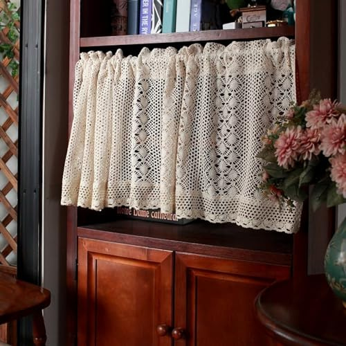 A.Monamour Tenda Corta per Finestra Piccola Bohemien Boho Beige Cotone Cavo Pizzo All'Uncinetto Semi Trasparente Tendina Tenda da Cucina Bistrot Caffè Mezza Tenda Tenda a Vetro a Pannello Tenda Porta