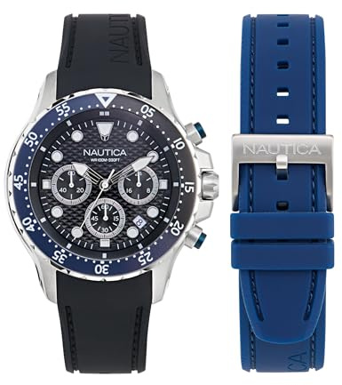 Nautica Reloj cronógrafo NST de 44 mm para Hombre, Negro, Azul, Negro y Plateado, 44.0, Deportivo
