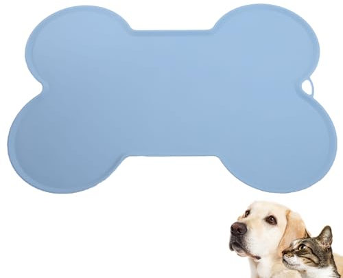 Silikonmatte Napfunterlage Hund 52x37 cm, Katzen Hunde rutschfest Futtermatte für Napfunterlage Katzen Hundenapf Unterlage Futter- und Wassernäpfe, Knochenförmiger Auslaufsicherer Rand, Blau