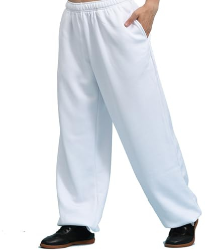 Milk Silk Tai Chi Pants Men Women Winter Plus Velvet Training Loose martial Arts Trousers with Pockets (White, XXXL)
