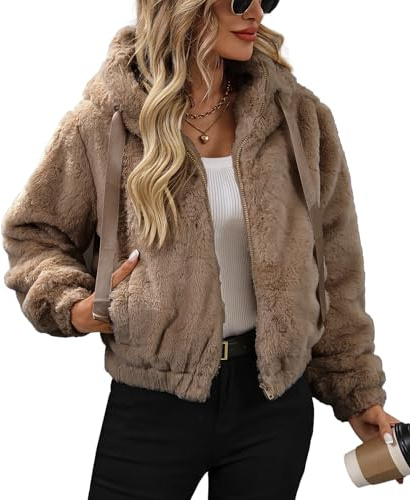 Vipwest Women's Faux Fur Cropped Coat Fall Full Length Sleeve Zip Up Hoodie Soft Fuzzy Fleece Jacket (Camel, Large)