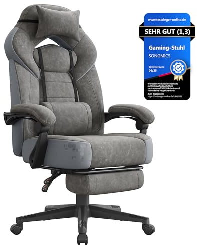 SONGMICS Gaming-Stuhl, Bürostuhl, Computerstuhl, ergonomisches Design, mit Fußstütze, verstellbares Kopfkissen, Lendenkissen, Tragkraft 150 kg, schiefergrau OBG077G01