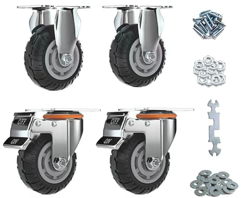 JMSEYOE 4 Inch Heavy Duty Rubber Industrial Casters Set of 4-600KG/1320LBS Total Load, 2 Fixed & 2 Locking Swivel Wheels with Brake for Warehouse Cart, Trolley, Workbench