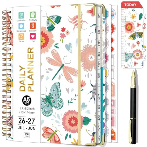 Gumiho Agenda semanal 2026 2027 Espiral A5 Planner (julio de 2026 – junio de 2027) – Agenda escolar con Bolígrafo, Regla Marcador y Pegatinas de plan
