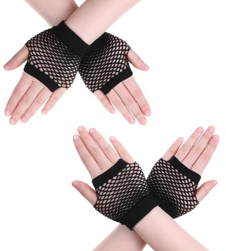 Lnngub 4 Stück/2 Paar Netzhandschuhe, Schwarze Vintage Fischnetz Handschuhe für Damen Kurz Elastische Fingerlose Netzhandschuhe für Weihnachten, Kostümpartys und Cosplay Zubehör (9 x 8 cm)