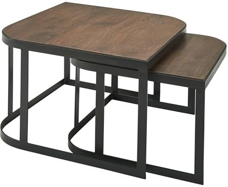KADIMA DESIGN Couchtisch 2er Set Mango Massivholz/Metall Wohnzimmertisch Dunkel | Industrial Satztisch Beistelltisch Metallbeine Schwarz | Tischset 2-teilig Satztisch Holz