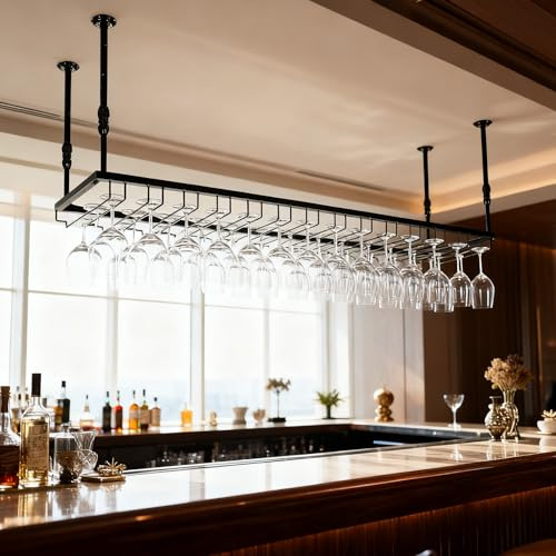 Dernoing 120cm Soporte para Copa de Vino Colgante de Metal, Altura Ajustable Colgador de Copas de Techo para Bar, Colgador Copas con Invertido Tallo para Barra Bar/Club (bk, 120x40x(30-60) cm)
