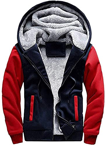 LEZUAN Hombre Hoodie de Invierno Manga Larga Sudadera con Capucha Pullover con Cremallera Completa Sudaderas con Capucha de Forro Polar Cómoda Chaqueta Gruesos Cálido Abrigo,Rojo Azul,3XL