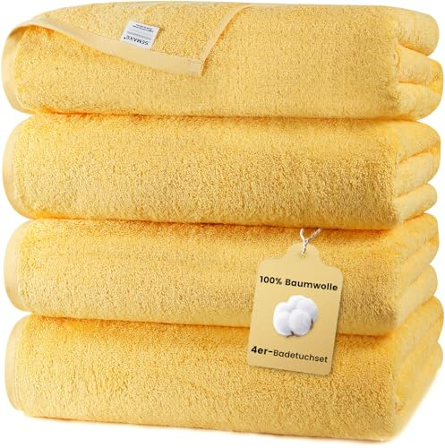 SEMAXE 4-Pack Yellow Cotton Bath Towels with Hanging Loop, 55 x 27 Inch