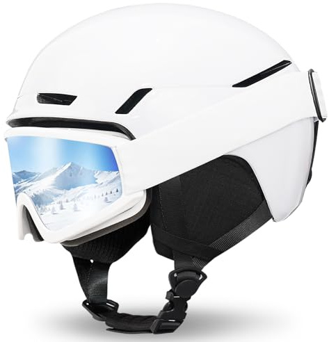 Casco da Sci con Occhiali da Sci Casco Sci per Uomo Donna con Cuscinetti Auricolari Rimovibili Ventilazione UV Ski Helmet per Ski Ciclismo Sport Invernali (Bianco Lucido+Occhiali da Sci, M)