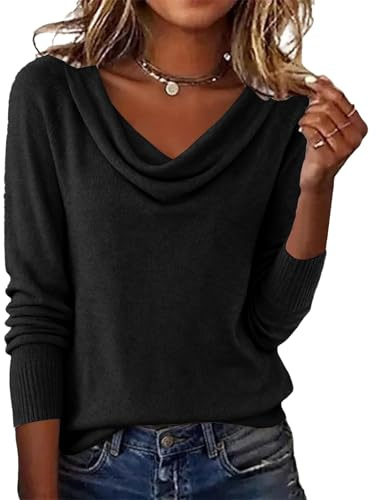 HUIFUAO Haut en tricot à col bénitier pour femme - Pull habillé léger et élégant pour l'automne et l'hiver - Tricot basique confortable à manches longues - Chemisier fantaisie pour fête, soirée
