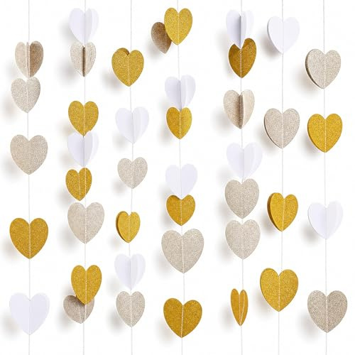 SOLVIO 52Ft White and Gold Love Heart Garland Hanging Streamers, Wedding Decorations for House and Reception, Bride to Be, Just Married, Engagement Party, Anniversary and Bridal Shower Decorations