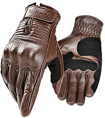 INBIKE Gants Moto Rétro Homologué CE 100% Cuir pour Homme et Femme à Écran Tactile Plein Doigts Respirant Antichoc Antidérapant pour la Course de Moto VTT Velo de Route Marron M