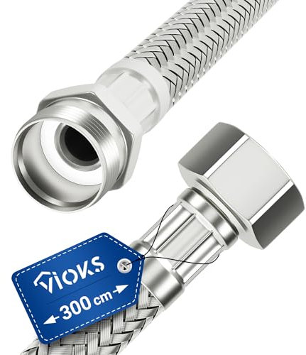 Tuyau blindé flexible de 300 cm avec raccord 3/8 et filetage extérieur - Tuyau d'eau potable avec tressage en acier inoxydable