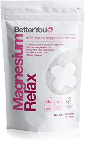 BetterYou Magnesium Relax Bath Flakes, Blend of Pure Zechstein Magnesium Chloride with Relaxing Essential Oils, Rose Geranium and Bergamot for Ultimate Relaxation, 750g