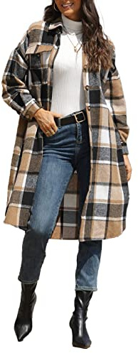 Sukany Women's Casual Lapel Wool Blend Long Plaid Shirt Button Down Long Sleeve Jacket Shacket Khaki L