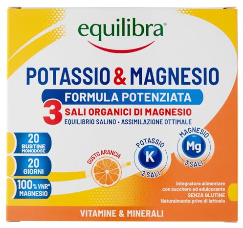 Equilibra Integratori Alimentari, Potassio e Magnesio 3 Formula Potenziata, Integratore Magnesio e Potassio per Reintegro Sali Minerali, Gusto Arancia, Senza Glutine e Senza Lattosio, 20 Bustine